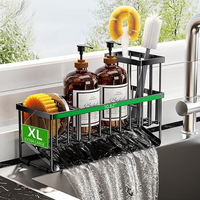 Cisily Extra Large Kitchen Sink Caddy Organzier with High Brush Holder, Sponge Holder for Sink, 304 Rustproof Stainless, Kitchen Countertop Soap Dispenser Organizer For Decor and Accessories-NeatNest