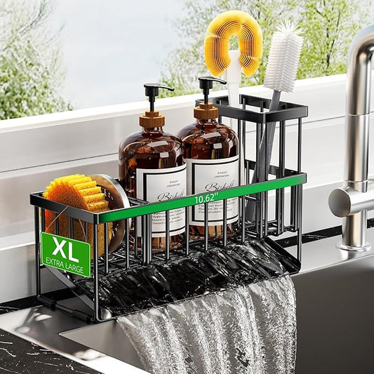 Cisily Extra Large Kitchen Sink Caddy Organzier with High Brush Holder, Sponge Holder for Sink, 304 Rustproof Stainless, Kitchen Countertop Soap Dispenser Organizer For Decor and Accessories-NeatNest