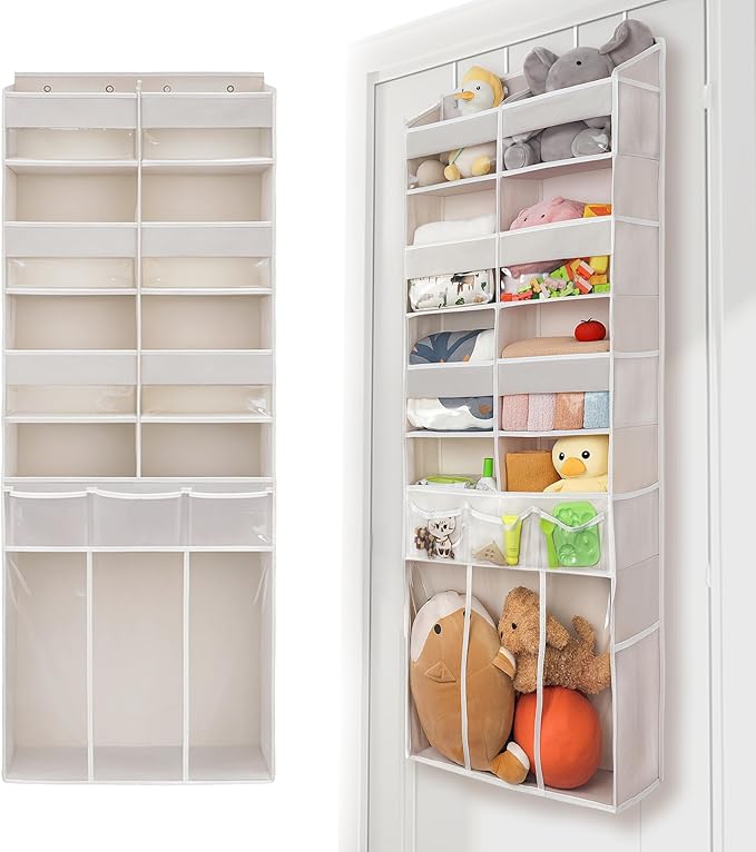 Extra Large Over The Door Organizer with Clear Pockets - 8 Compartments & XL Bottom Storage, Heavy-Duty Hanging Organizer for Bathroom, Bedroom, Closet (57 Inch Height). (Beige)