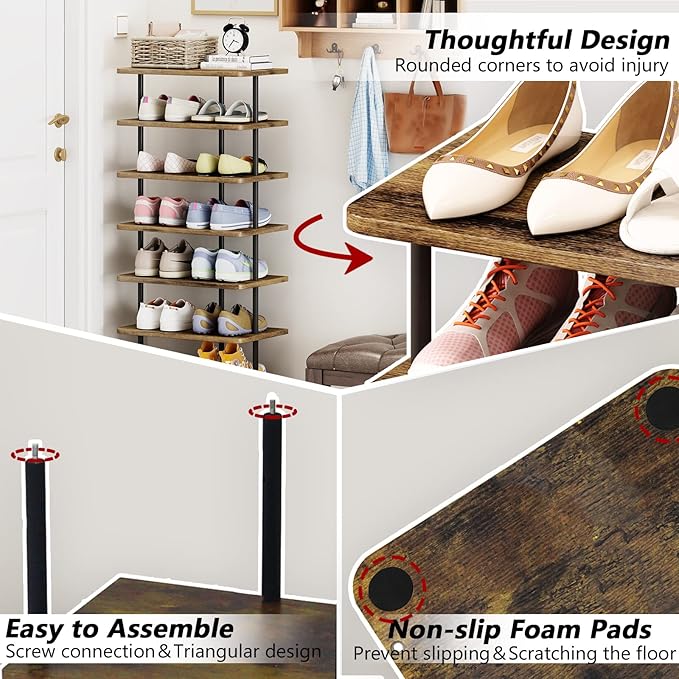 AZERPIAN Shoe Rack 9 Tier Vertical Storage Organizer Double Row Narrow Metal Slim Shelf Modern Free Standing Shoe Tower Saving Space for Closet Entryway Bedroom,Black+Rustic Brown-NeatNest