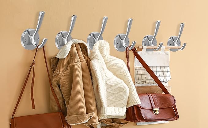 Brushed Nickel Wall Hooks, 6 Pack Coat Robe Hook Heavy Duty Metal Double Bath Hook Wall Mounted, Hand Towel Hooks for Cubicle Bathroom Kitchen Closet Garage-NeatNest
