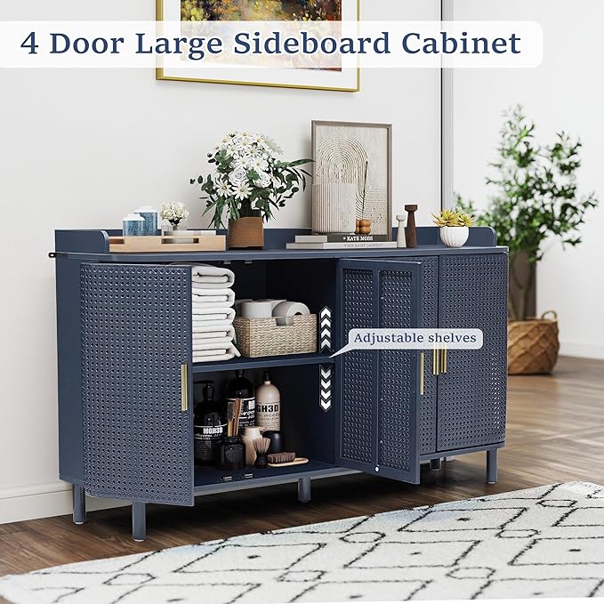 4 Doors Storage Cabinet, 2 Tier Wooden Storage Organizer Cabinet with Adjustable Shelf, Sideboard Buffet Cabinets with Iron Curved Doors Accent Shoe Rack for Entryway Hallway Living Room (Blue)-NeatNest