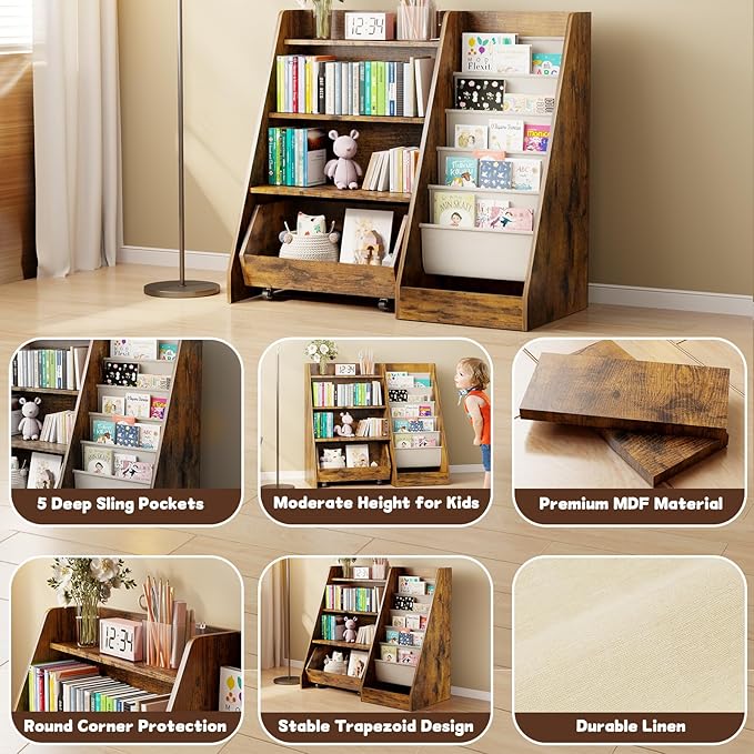 COZPAW Kids Bookshelf and Toy Storage, 4 Tier Toddler Bookshelf with Movable Drawer 5 Sling Pockets, Montessori Book Shelf for Kids Room, Playroom, Nursery (Brown)-NeatNest