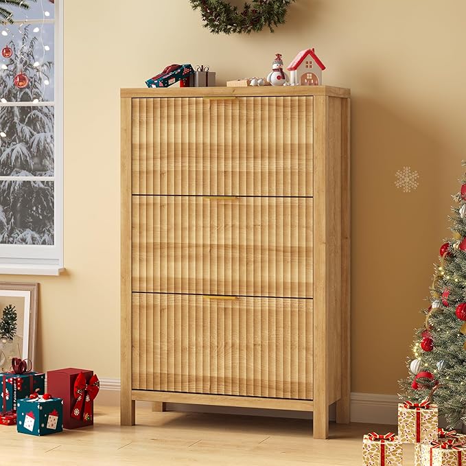 Shoe Cabinet Storage for Entryway, Fluted Shoe Cabinet with 3 Flip Drawers, Hidden Shoe Rack Tall Freestanding Shoe Organizer with Legs for Hallway, Wood-NeatNest