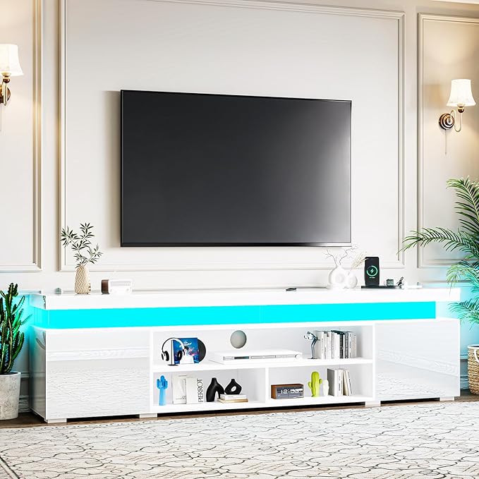 72" Modern TV Stand with LED Lights and Power Outlet for TVs Up to 80 inch, High Gloss Finish Entertainment Center, TV Console Cabinet with Storage for Living Room, White-NeatNest