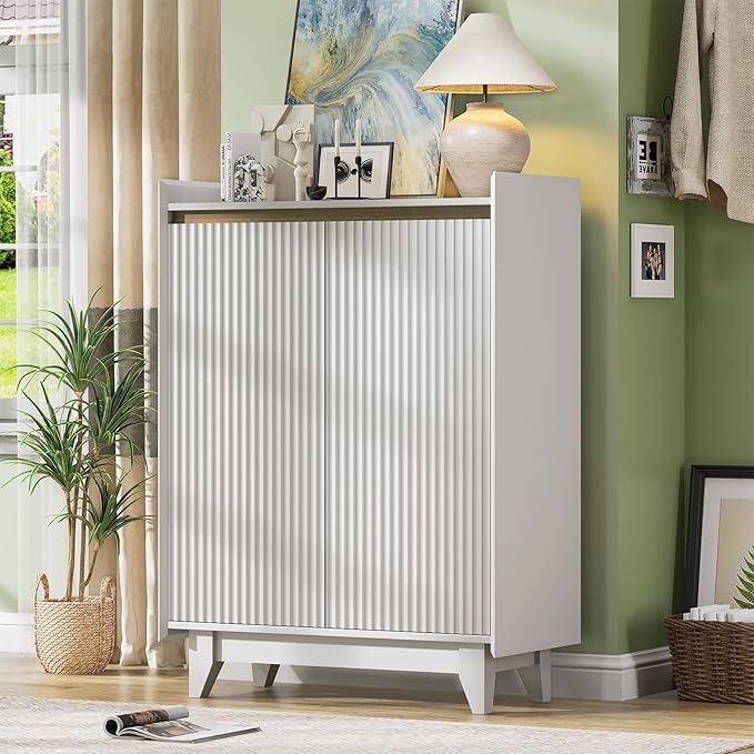 White Fluted Shoe Cabinet, 5-Tier Shoe Storage Cabinet with Adjustable Shelves, 43.7”H Tall Shoe Cabinet Storage for Entryway Hallway Living Room, Shoe Rack Organizer White & Walnut Wave Fluted Design-NeatNest