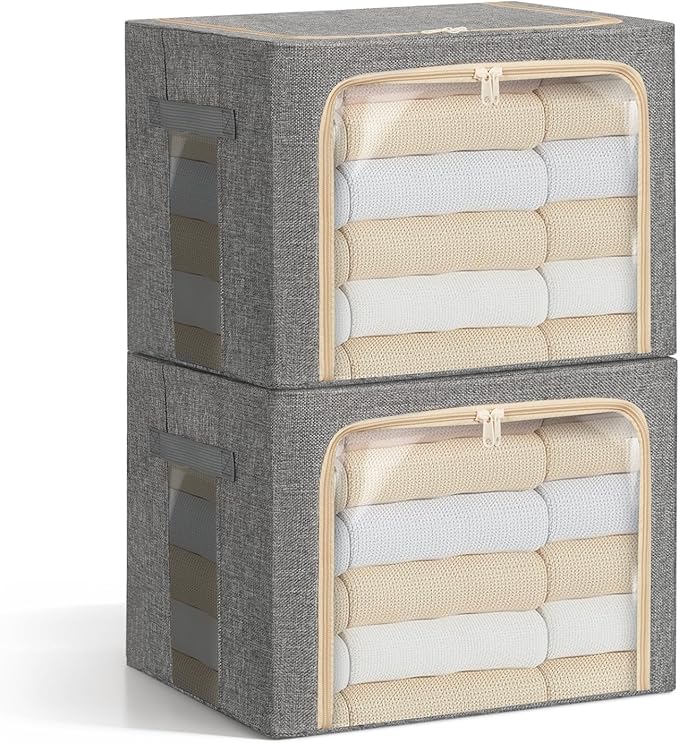 2-Pack Clothes Storage Bags, Foldable Storage Bins with Metal Frame, Clear Window, Reinforced Handles, Durable Non-Woven Fabric for Clothes, Bedding, Blankets, 40L, Gray-NeatNest