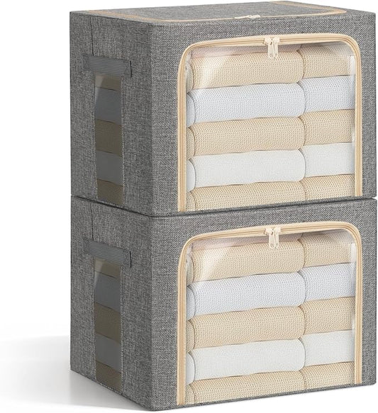 2-Pack Clothes Storage Bags, Foldable Storage Bins with Metal Frame, Clear Window, Reinforced Handles, Durable Non-Woven Fabric for Clothes, Bedding, Blankets, 40L, Gray-NeatNest