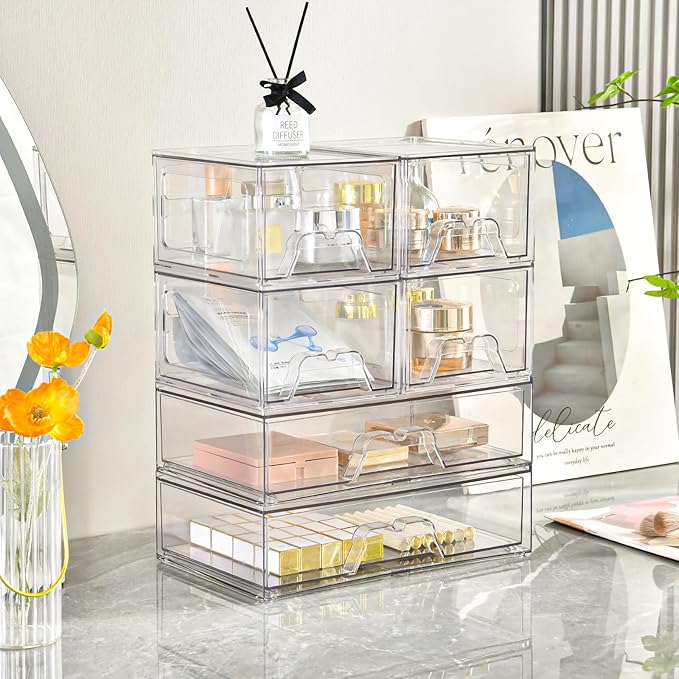 4 Pack Stackable Storage Drawers Clear Acrylic Organizer Bathroom Makeup Organizer and Storage for Beauty Supplies,Ideal for Vanity, Bathroom,Cabinet,Pantry Organization-NeatNest