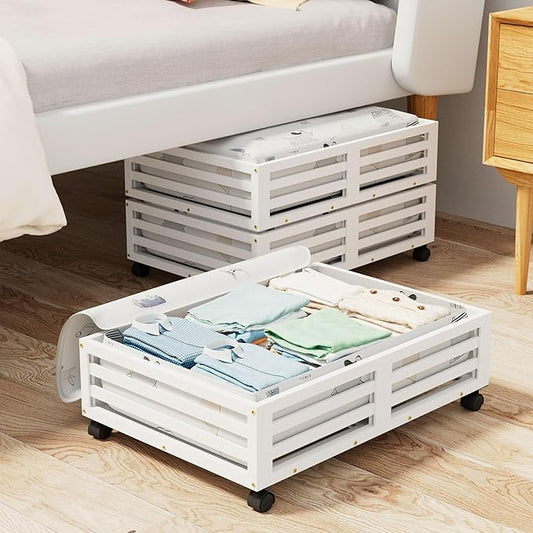 Bamboo Under Bed Storage Containers- Underbed Organizer with Wheels with Large Capacity Dust Bag,Sturdy Wood Rolling Under Bed Shoe Storage Organizer 2 Packs (White, 2 Packs (23.62"×16.54"))-NeatNest