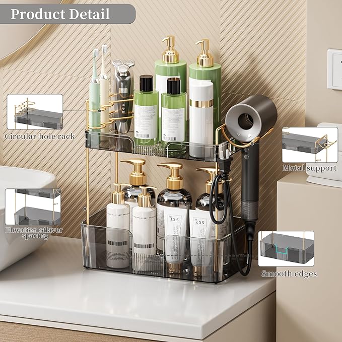 YCIA&DONE Bathroom Counter Organizer, Large Makeup Organizer Countertop, Shelf Storage, Vanity Tray, Easily Assemble for Bathroom Organizers and Storage, Undersink, Cabinet, 2 Tiers Grey-NeatNest