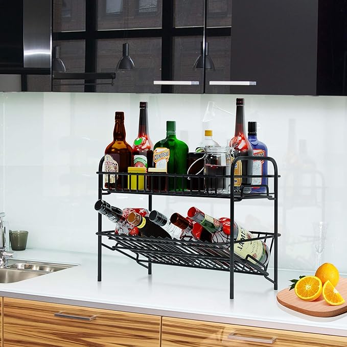 HengLiSam Spice Rack Organizer for Countertop, Heavy Duty Full Solid Metal Kitchen Shelves, 2 Tier Liquor Shelves Freestanding Holder Storage for Kitchen Cabinet Pantry Bottle Rack for Bathroom, Black-NeatNest