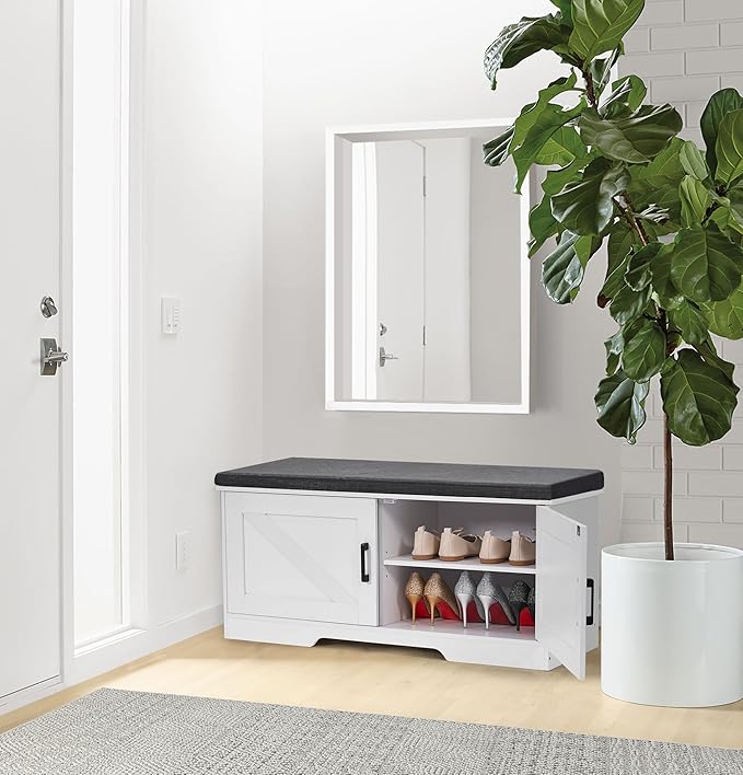 2-Tier Storage Bench, Shoe Bench with Padded Seat Cushion, Entryway Bench with 2 Barn Doors, Adjustable Shelf, 13.8" D x 39.4" W x 17.7" H, for Entryway, Living Room, Bedroom, White-NeatNest