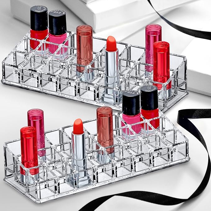 Amazing Abby - Glamour - 2-Pack 24-Slot Acrylic Lipstick Organizer, Lipstick Holder, Lip Gloss Holder, Cosmetic Storage Display, Perfect Storage Solution for Drawer and Vanity (Slot Size: 0.9" x 0.9")-NeatNest