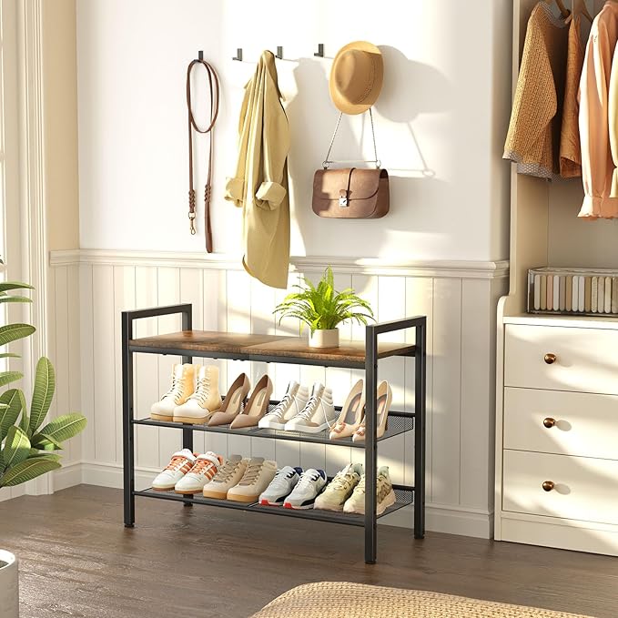 Shoe Rack for Front Door Entrance, 3 Tier Shoe Rack for Entryway, Shoe Shelf for Closet, Metal Shoe Rack Organizer with Sturdy Wooden Top & Steel Frame,(Black+Rustic Brown)-NeatNest