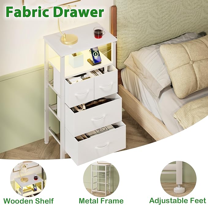 Furnulem 4 Drawer Dresser with Led Light and Charging Station, White Night Stand with Storage Shelf and Fabric & PVC Drawer, 33 Inch Bedside Table, Tall Nightstand for Entryway, Bedroom Furniture