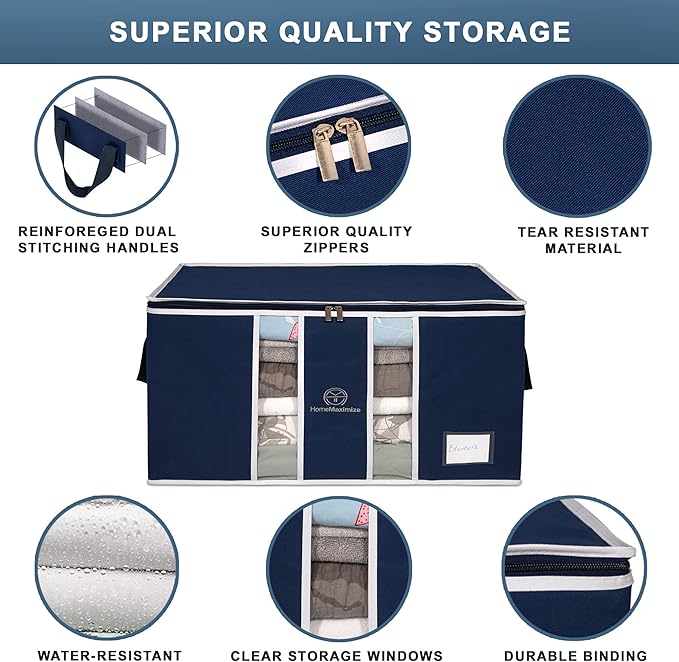 Clothes Storage Bag Organizer for, Blankets, Clothing, Comforters and Bedding Sets - Stackable with Zippers - Clear Window - 3 Pack Blue-NeatNest