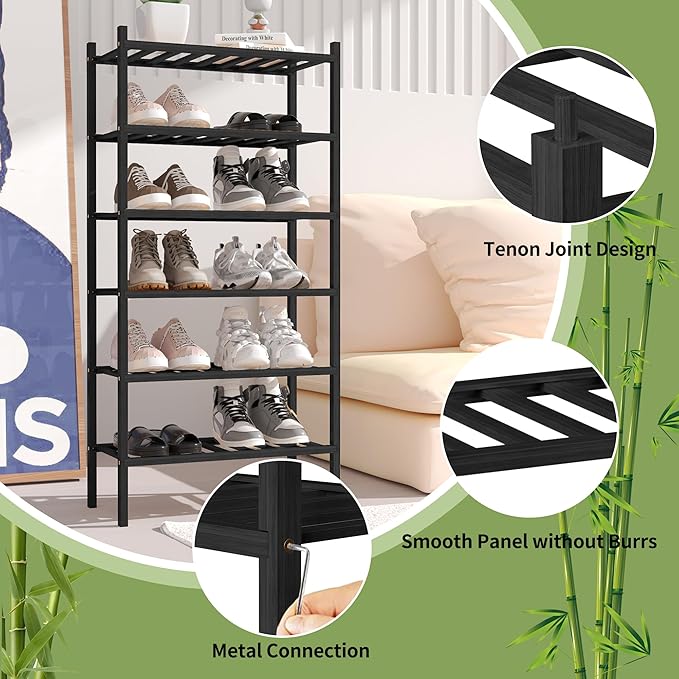 6-Tier Bamboo Small Shoe Rack, Free Standing Wood Shoe Shelf Storage Organizer for Closet Entryway Stackable (Black)-NeatNest