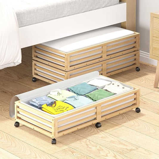 Bamboo Under Bed Storage Containers- Underbed Organizer with Wheels with Large Capacity Dust Bag,Sturdy Wood Rolling Under Bed Shoe Storage Organizer 2 Packs (Nature, 2 Packs (33.07"×16.54"))-NeatNest