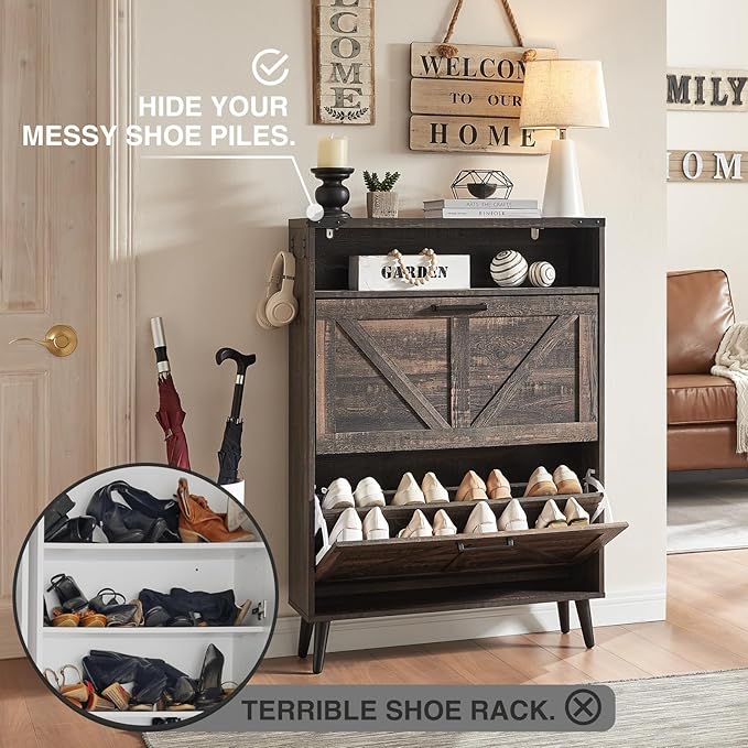 Shoe Storage Cabinet,Farmhouse Shoe Organizer with 2 Flip Drawers & Barn Door Design,Freestanding Hidden Slim Narrow Shoe Rack Cabinet with Open Storage for Entryway, Foyer,Hallway, Dark oak-NeatNest