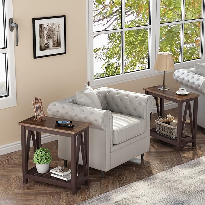 ChooChoo Farmhouse End Table, Rustic Vintage Narrow End Side Table with Storage Shelf for Small Spaces, Nightstand Sofa Table for Living Room, Bedroom Espresso-NeatNest