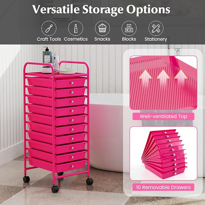 COSTWAY 10-Drawer Rolling Storage Cart, Utility Mobile Trolley with Removable Drawers & Universal Casters & 2 Brakes, Versatile Flexible Drawer Organizer Cart for Home, Office, Hot Pink-NeatNest