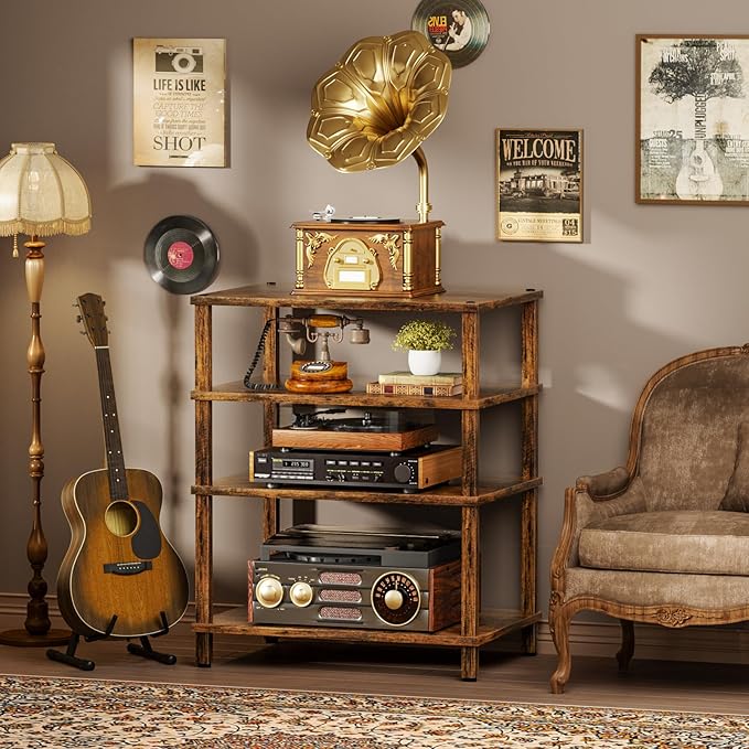 4-Tier AV Media Player Stand, Brown Stereo Cabinet, Modern Stereo Cabinet, Wooden TV Stand,Game Console Shelf, Multifunctional Entertainment Center, Suitable for Home, Conference Room, Game Studio-NeatNest