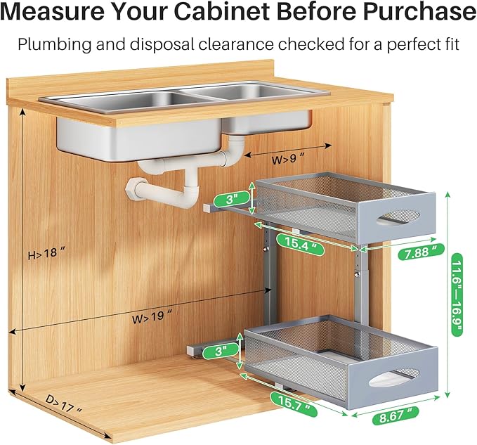 Under Sink Organizer, 2 Tier Pull out Cabinet Organizer Baskets with Mesh Sliding Drawers, Slide out Storage Shelf for Home, Kitchen, Bathroom, Pantry, Office, Countertop(1 Pack,Grey)-NeatNest