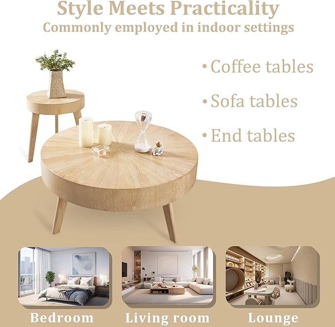 Gexpusm 2-Piece Solid Wood Coffee Table Set, Rustic Round Farmhouse End Tables for Living Room, 31x31x16 in, Light Brown
