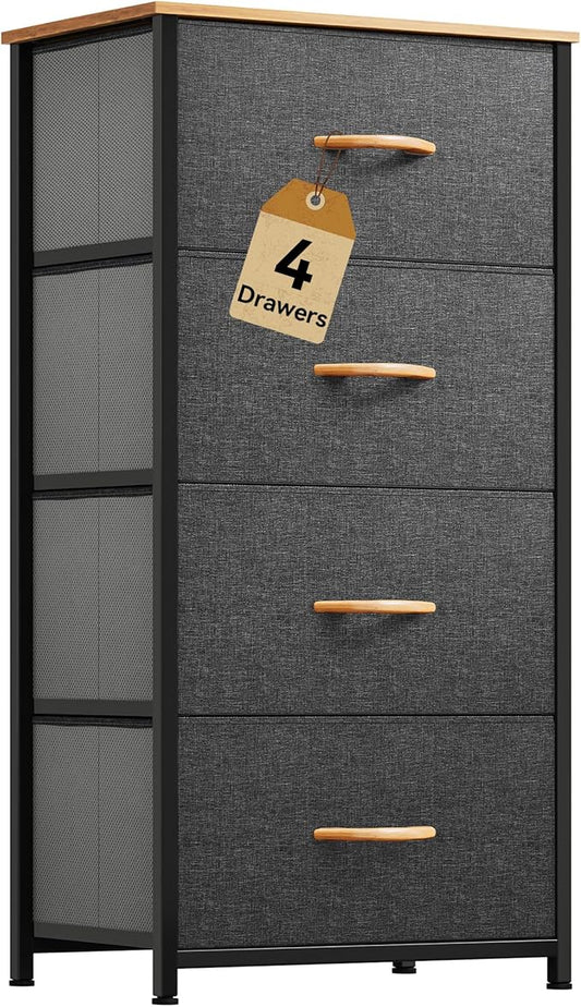 DWVO 4 Drawers Dresser, Dresser for Bedroom, Fabric Storage Tower, Chest of Drawers, Organizer Unit for Closets, Living Room, Sturdy Steel Frame, Wooden Top, Easy Pull Fabric Bins-NeatNest