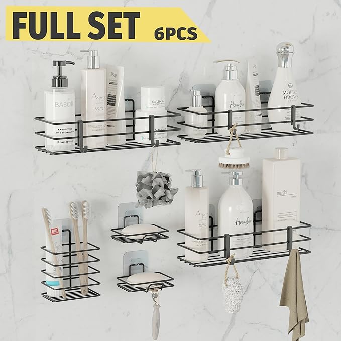 Dekula Adhesive Shower Caddy 6 Pack, Shower Shelves Organizer for Bathroom Storage, Rustproof Stainless Steel Bath Organizers, Kitchen, Adhesive or Screw, Soap Dish, Hooks, Wall Shelf