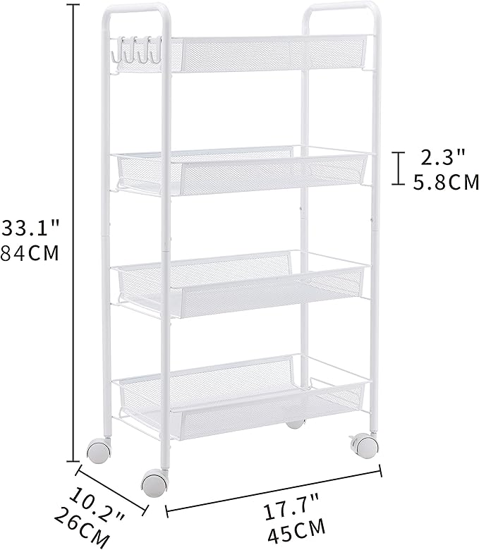 JANE EYRE Rolling Utility Storage Rack Cart on Wheels, Trolley Carft cart, Multi-Purpose Organizer Shelf (White, 4 Tier)…-NeatNest