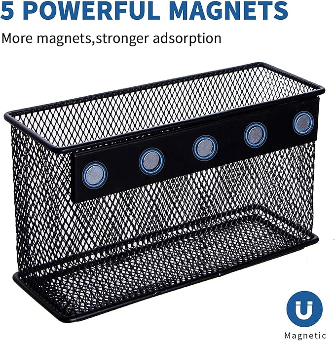 dedoot Magnetic Basket for refrigerator Storage Pencil Holder Basket Mesh Black Strong Magnetic Pen Holder for Refrigerator ,Whiteboard, Locker, Home and Office Organizer, 6.3x2.3x3.6inch,2 Pack-NeatNest