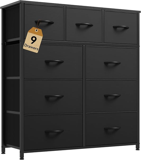 DWVO Dresser with 9 Drawers - Fabric Storage Tower, Organizer Unit for Living Room, Hallway - Sturdy Steel Frame, Wooden Top & Easy Pull Fabric Bins (Black)-NeatNest