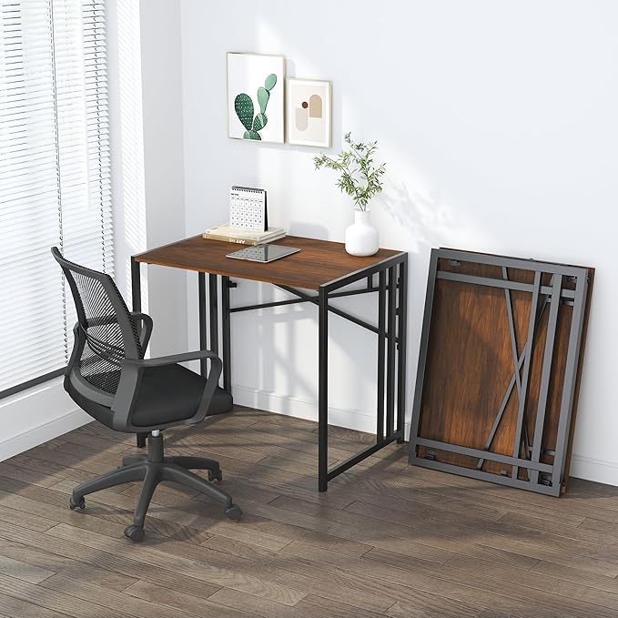 32 inch Folding Small Desk, Writing Gaming Computer Camping Desk for Small Spaces, No Assembly Required Home Office Desk, Mahogany-NeatNest