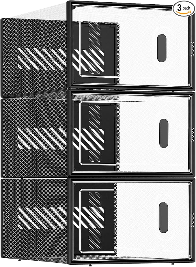 BALEINE 3 Pack Stackable Shoe Storage Boxes Fit Size 11, Thickened Clear Shoe Box Bins with Lids, Plastic Foldable Shoe Rack Organizer Sneaker Storage Containers (X-Large, Black)-NeatNest
