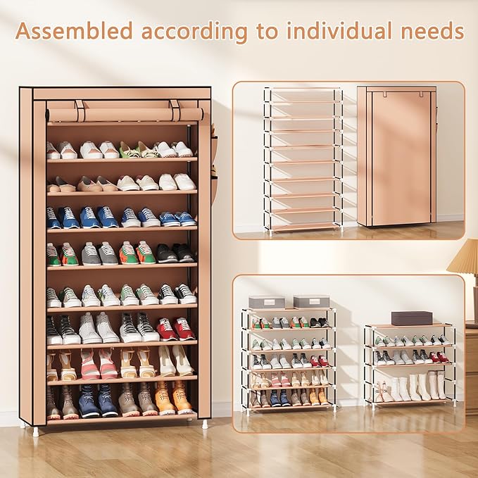 Laiensia 9-Tier Vertical Shoe Rack Organizer, Space Saving Shoe Storage Organizer, Non-Woven Cover Shoe Shelf Holds 36-45 Pairs for Bedroom, Hallway, Closet Entryway, Brown-NeatNest