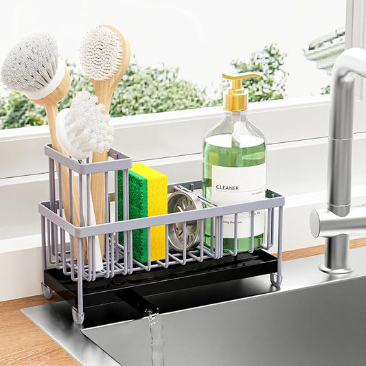 Cisily Light Gray Sponge Holder for Kitchen Sink, Sink Caddy Organizer with High Brush Holder, Kitchen Countertop Organizers and Storage Essentials, Rustproof 304 Stainless Steel, Soap Dispenser-NeatNest