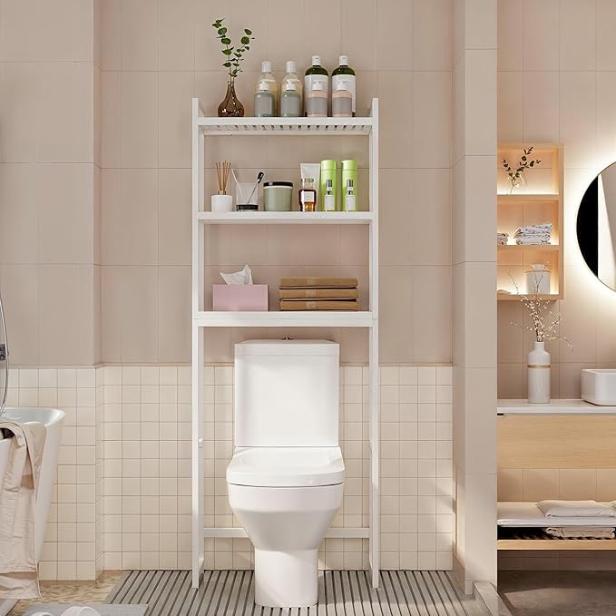 Gizoon Over The Toilet Storage, 3 Tier Bamboo Bathroom Organizer with Adjustable Shelf, Freestanding Above Toilet Stand, Bathroom Storage Shelf Rack