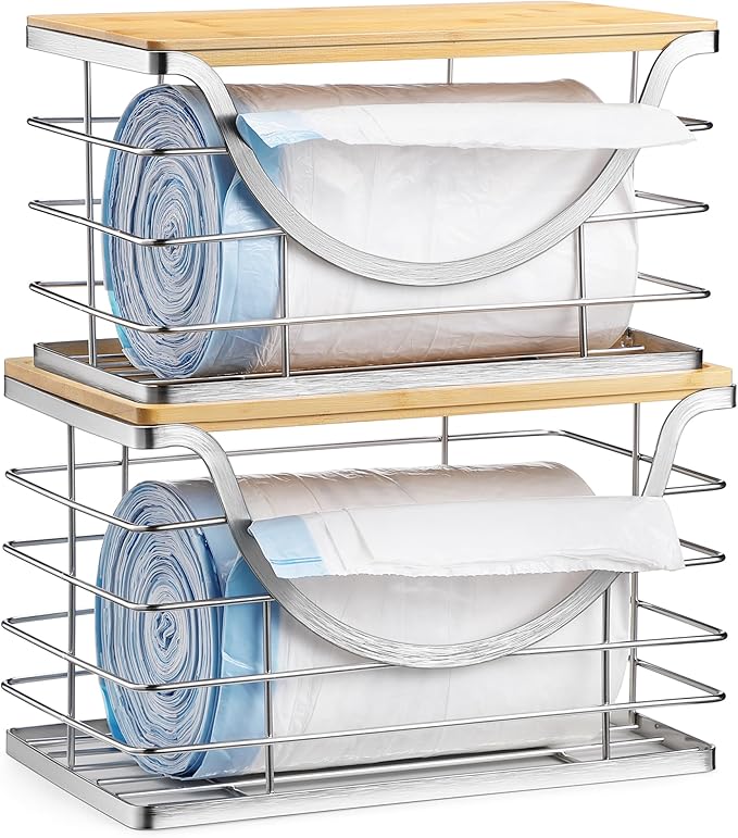 Extra Large Trash Bag Holder Stackable Kitchen Storage Slive, 2 Pack Wall Mounted Pantry Organizers and Storage with Bamboo Top, Garbage Bag Dispenser Under Sink for Laundry Room and Kitchen-NeatNest