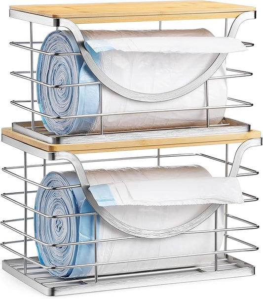 Extra Large Trash Bag Holder Stackable Kitchen Storage Slive, 2 Pack Wall Mounted Pantry Organizers and Storage with Bamboo Top, Garbage Bag Dispenser Under Sink for Laundry Room and Kitchen-NeatNest