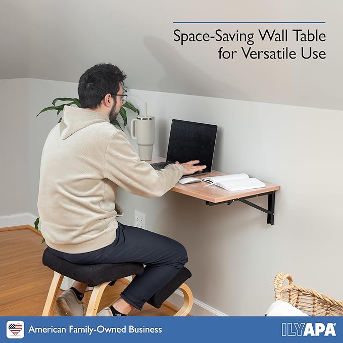 Iyapa Wall Mounted Folding Table - 16x40 Wood Floating Desk for Wall, Laundry Folding Table - 1.5 inch Fold Down Wall Desk for Small Spaces, White Oak