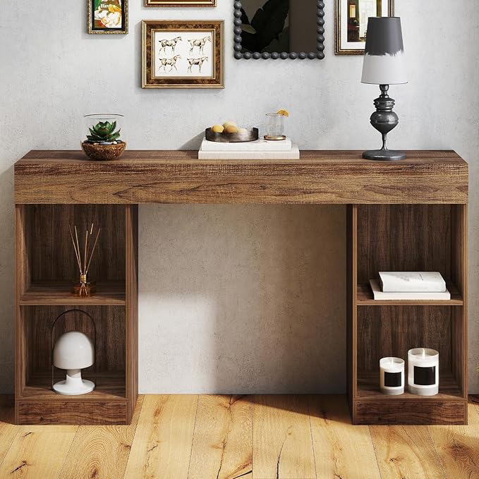 55 Inches Console Table,4 Cubes Narrow Entryway Table,3 Tier Wood Behind Couch Sofa Table,TV Console with Storage for Living Room,Hallway,Entrance,Foyer (Striped Brown)-NeatNest