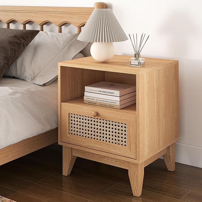 Oak Rattan Nightstands Set of 2 Rustic Bedside Tables with Storage Drawer and Opening Shelf for Bedroom Farmhouse Wood End Tables of 2 for Living Room