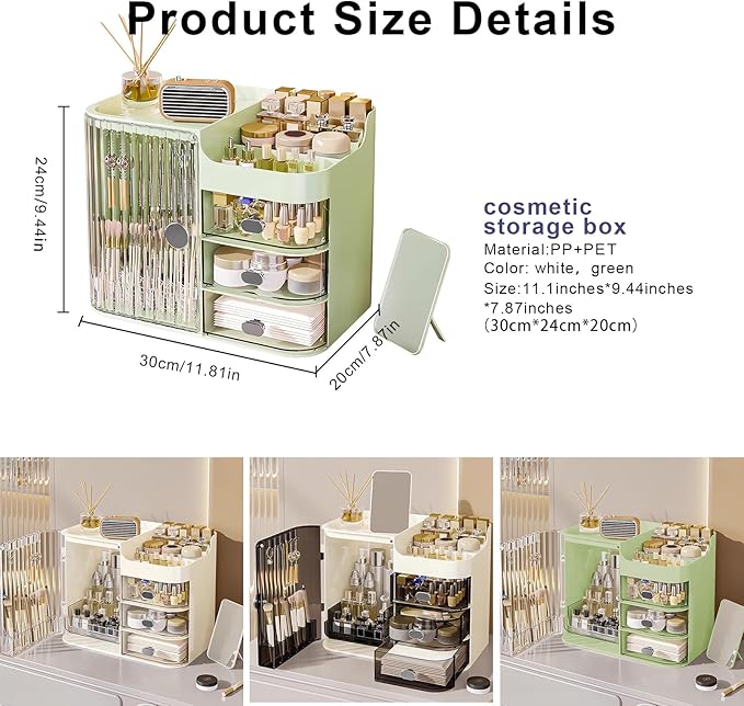 DASITON Makeup Organizer for Vanity,Large Capacity Makeup Storage Organizer with 3-Layer Drawers and Mirror,Cosmetics Display Case Make up Organizers for Vanity,Bedroom,Countertop(Green)