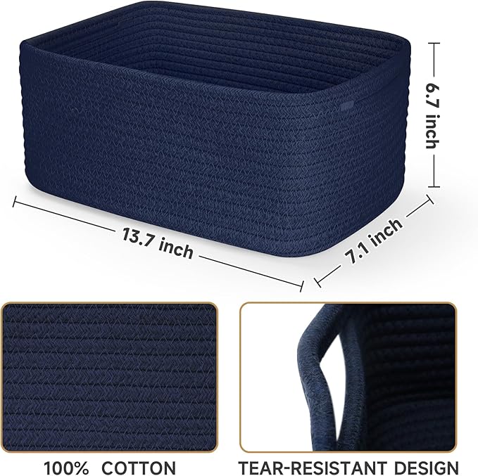 3-Pack Storage Baskets for Organizing | Woven Shelf Toy Basket | Rope Baskets for Gifts Empty | Closet Organizer Bins with Handles | Cube Decorative Box | 13.7×7.1×6.7” | Navy Blue-NeatNest