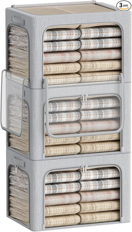 3 Openings Clothes Storage Bins Box - 3Pack Stackable Foldable Storage Bin - Metal Frame Storage Box Clothing Storage Organizer with Clear Window, Carry Handles (Light Grey, 100L-23.6x16.5x15.7in)-NeatNest