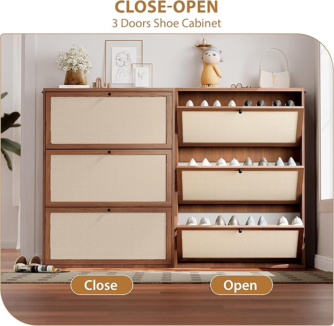 AVZEAR Narrow Shoe Storage Cabinet for Entryway with Natural Linen Panel, Freestanding Slim Shoe Cabinet with 3 Flip Drawers, Wood Shoe Organizer Closed Shoe Rack for Hallway, Living Room(Walnut)-NeatNest