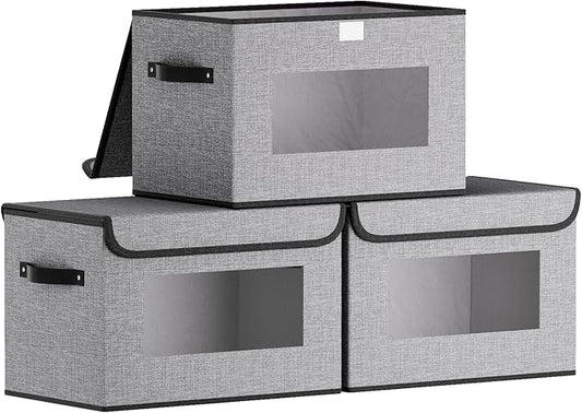 Fabric Basket with Lid, 3-Pack Decorative Linen Closet Organizers Bins, 15 x 9.8 x 9.8 inch Storage Containers for Shelves, Cubes with Handles, Gray