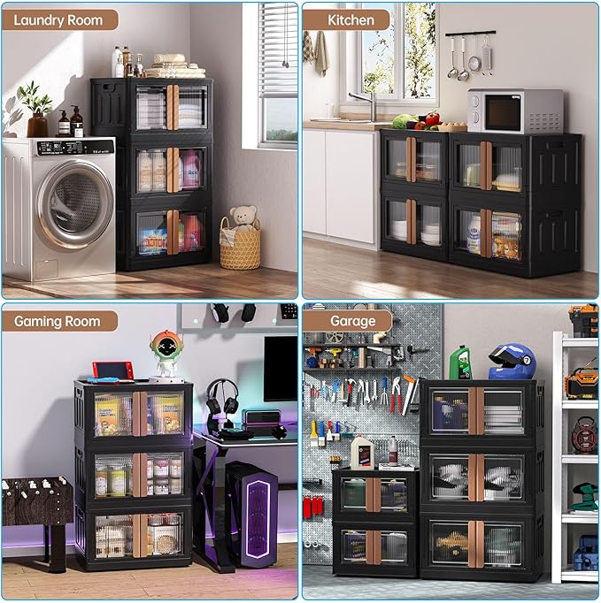 HAIXIN Storage Bin with Lid 19 Gal - Foldable Closet Storage and Organization Plastic Stackable Storage Box with Rollers Black Cube Container for Home Garage Office Craft, 1 Pack